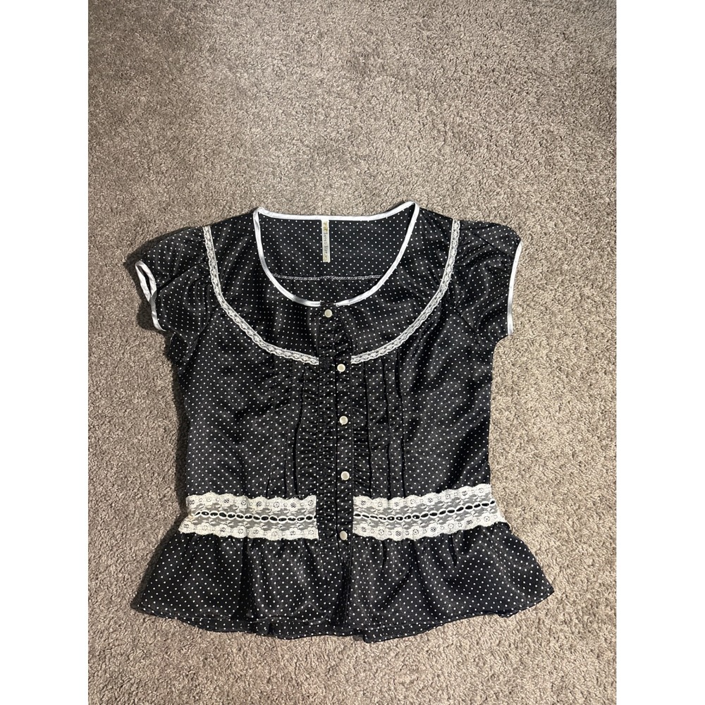 Vintage Seven Star Black Polka Dot Lace Peplum Blouse Short Sleeve Button Top